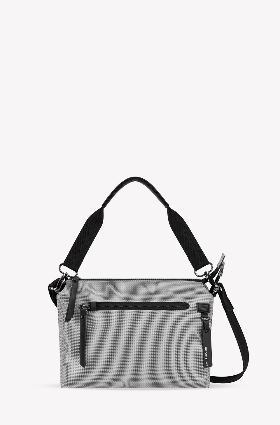Gray handbag with black straps on a white background