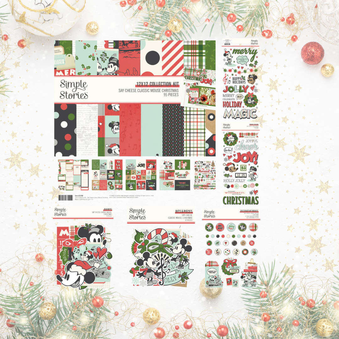 Collection of Christmas-themed paper sheets and stickers with Christmas designs on a decorative background.
