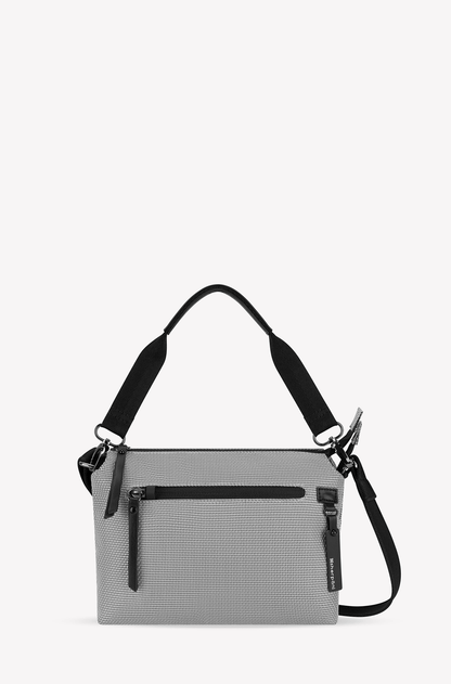 Gray handbag with black straps on a white background