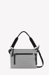 Gray handbag with black straps on a white background